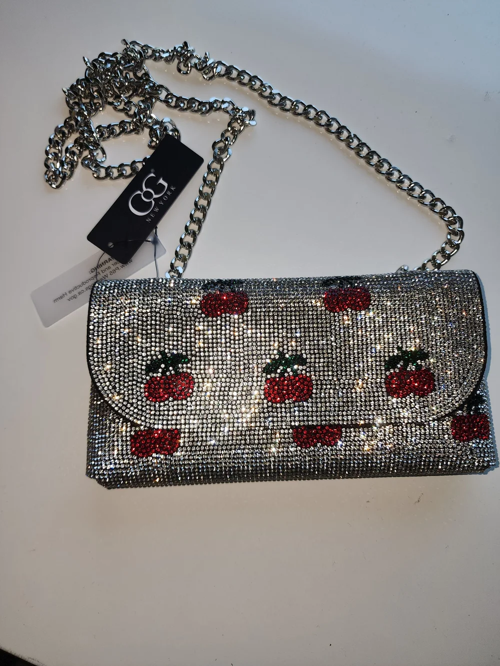 Silver Crystal Cherry Wristlet Clutch- With Shoulder Strap NWT
